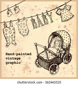 Vintage illustration Baby. Illustration for greeting cards, invitations, and other printing projects.