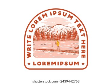 Vintage illustration badge of a man fishing on the lake with forest and mountain view