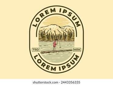 Vintage illustration badge of a man fishing on the lake with forest and mountain view