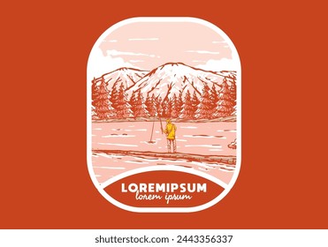 Vintage illustration badge of a man fishing on the lake with forest and mountain view