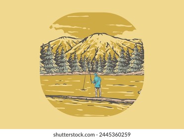 Vintage illustration badge of a man fishing on the lake with forest and mountain view