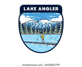 Vintage illustration badge of a man fishing on the lake with forest and mountain view
