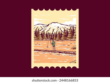 Vintage illustration badge of a man fishing on the lake with forest and mountain view