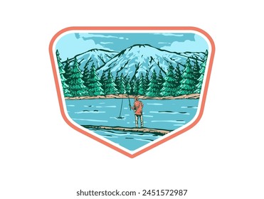 Vintage illustration badge of a man fishing on the lake with forest and mountain view