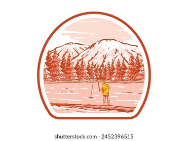 Vintage illustration badge of a man fishing on the lake with forest and mountain view