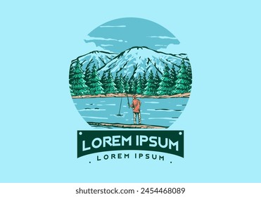 Vintage illustration badge of a man fishing on the lake with forest and mountain view