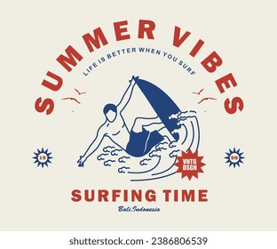 Vintage illustration of bali surfing, summer vibes vector t shirt design, vector graphic, typographic poster or tshirts street wear and Urban style