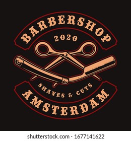 Vintage illustration for barber shop theme with scissors and razor on a dark background. This design is perfect for logos, shirt prints, and many other uses.