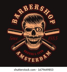 Vintage illustration of barber skull with crossed razor on the dark background. This design is perfect for logos, shirt prints and many other uses.