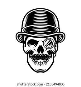 Vintage illustration barber skull in hat and monocle