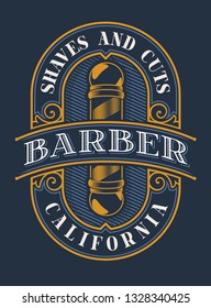 Vintage illustration for the barbershop on the dark background. All elements of lettering and text are in separate groups