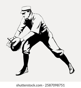 Vintage illustration of a baseball player in a classic uniform, preparing to catch a ball. Retro baseball art capturing the essence of early baseball. Vintage art illustration, vector.