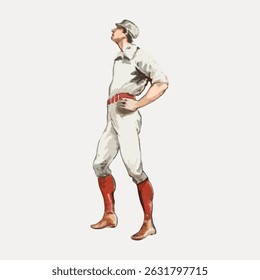 Vintage illustration of a baseball player in a classic uniform with red socks and a cap, standing confidently. Retro baseball art with a nostalgic feel. Vintage character art illustration vector.