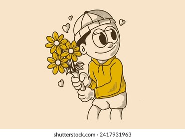 Vintage illustration of a beanie guy holding a flower