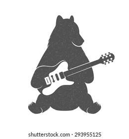 Vintage Illustration bear with guitar - Grunge effect. Funny Bear musician with guitar isolated on white background for posters, T-shirts music clubs and Web music services.