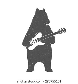 Vintage Illustration bear with guitar - Grunge effect. Funny Bear musician with guitar isolated on white background for posters, T-shirts music clubs and Web music services.