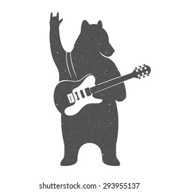 Vintage Illustration bear with guitar - Grunge effect. Funny Bear musician with guitar isolated on white background for posters, T-shirts music clubs and Web music services.