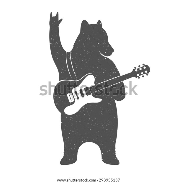 ギターとビンテージイラスト グランジエフェクト 白い背景にポスター Tシャツの音楽クラブ ウェブ音楽サービスのために おかしな熊のミュージシャンと ギター のベクター画像素材 ロイヤリティフリー