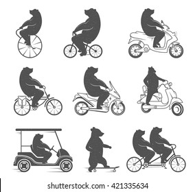 Vintage Illustration bear on a bike with Grunge effect. Funny bear ride a bicycle on a white background for posters and T-shirts