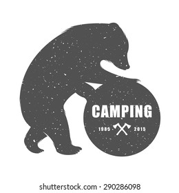 Vintage Illustration bear with sign camping - Grunge effect. Funny Bear with symbol camp and trip isolated on white background for posters, camp clubs and Web emblems