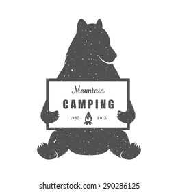 Vintage Illustration bear with sign camping - Grunge effect. Funny Bear with symbol camp and trip isolated on white background for posters, camp clubs and Web emblems