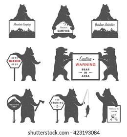 Vintage Illustration bear with sign camping - Grunge effect. Funny Bear with symbol Camp and For Fishing isolated on white background for posters, camp clubs and Web emblems