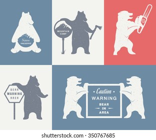 Vintage Illustration bear with sign Warning Bears and lumberjack. Bear on a white background for camping signs and billboards