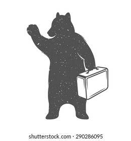 Vintage Illustration bear with suitcase - Grunge effect. Funny hitchhiking bear traveler on a white background for posters and T-shirts. 