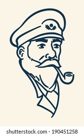 Vintage illustration of bearded boat captain smoking pipe over white background