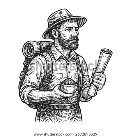 Vintage illustration of a bearded explorer with hat and backpack holding a rolled map and a bowl. Retro engraving artwork symbolizing travel, discovery, adventure, and historical exploration.