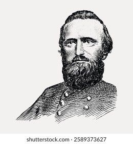 Vintage illustration of a bearded man in military attire. Detailed line art of a historical figure with a stern expression and buttoned uniform. Vintage art painting vector.