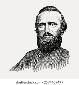 Vintage illustration of a bearded man in uniform. Bearded man with a historical uniform. Detailed uniform and bearded man sketch. Vintage illustration isolated on white background, vector.