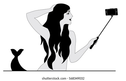 Vintage illustration of beautiful mermaid taking selfie with smartphone on white background.
