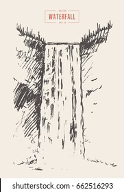 Vintage illustration of beautiful waterfall, hand drawn