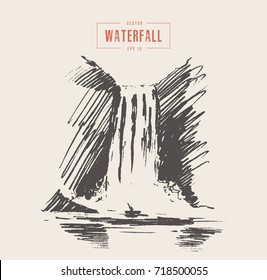 Vintage Illustration Of Beautiful Waterfall, Hand Drawn, Sketch