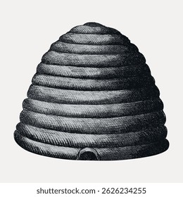 Vintage illustration of a beehive. Classic beehive design, textured and detailed. Beehive structure, old-fashioned beehive, black and white. Vintage art illustration vector.