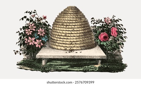 Vintage illustration of a beehive surrounded by flowers. The beehive is central, with flowers on both sides. Beehive and flowers create a classic, natural scene. Vintage floral illustration, vector.