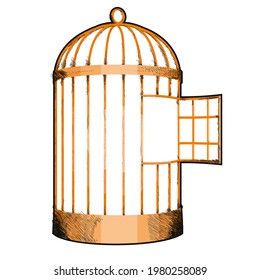 vintage illustration of a bird cage with the door open on white background. Design for t-shirts or stickers.