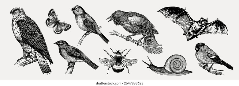 Vintage illustration of birds, insects, and animals. Includes a hawk, butterfly, crow, bat, bee, and snail. Detailed vintage style, diverse wildlife collection. Element vector set.