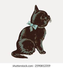 Vintage illustration of a black cat with a bow. The cat is sitting, featuring a classic style. The bow adds a charming touch to the black cat illustration. Vintage bird illustration vector.