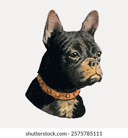 Vintage illustration of a black French Bulldog with a brown collar. The French Bulldog is depicted in a classic, artistic style. French Bulldog art piece. Vintage art drawing illustration vector.