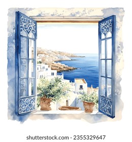 Vintage illustration with blue window sea greece watercolor
