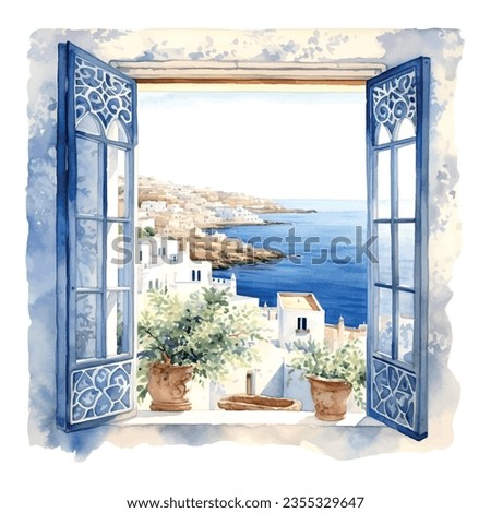 Vintage illustration with blue window sea greece watercolor