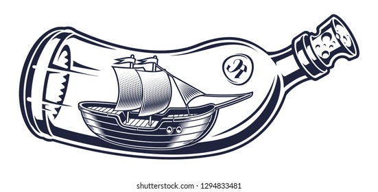 Vintage illustration of a bottle with ship inside on the white background. All elements are isolated and can be used separately