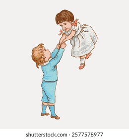 Vintage illustration of a boy lifting a girl. The boy, in blue, lifts the girl, in a white dress. Playful children, vintage style, joyful moment. Isolated vintage art illustration vector element.