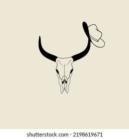 Vintage Illustration Buffalo Skull And Cowboy Hat. Wild West Poster. Old School Tattoo Vector Illustration