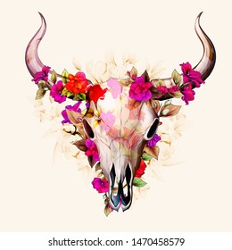 Vintage illustration of bull skull with flowers amaryllis and leaves around. Hand drawn, vector - stock.