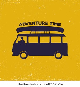 Vintage illustration with bus and man driving with canoe on top