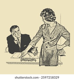  A vintage illustration of a businesswoman assertively talking to a businessman at a desk, capturing a retro work dynamic in a mid-century style.