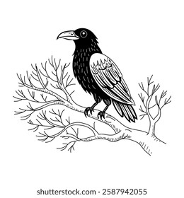 Vintage illustration of buzzard perched on branch